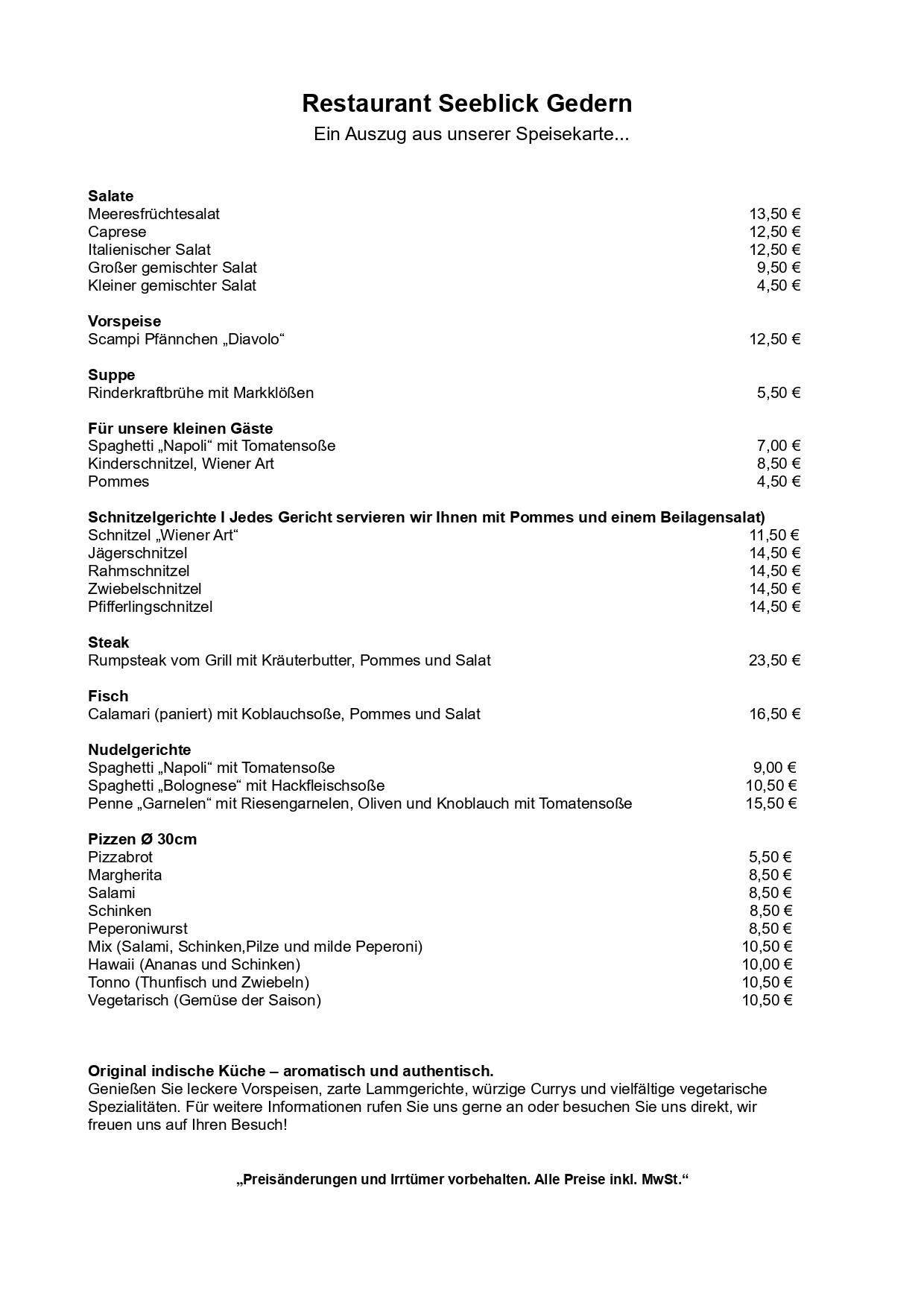 Restaurant Seeblick Gedern, Auszug aus der Speisekarte